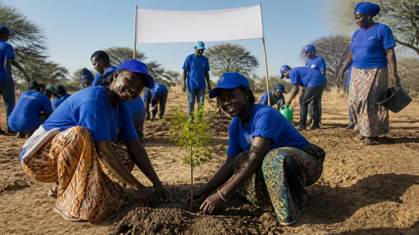Campagne de reboisement avec des volontaires en t-shirts bleus
