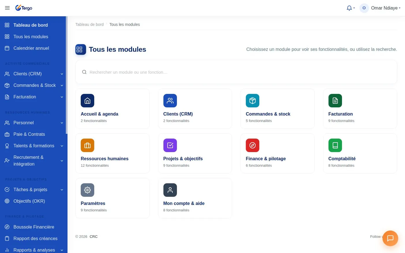 Écran des modules du logiciel Tergo